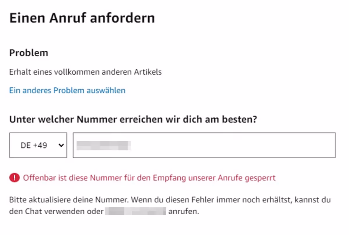 Die Kontaktaufnahme zu Amazon per Telefon war nicht möglich