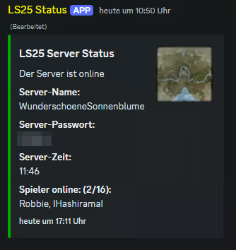Discord-Embed mit Statistiken des Landwirtschafts-Simulator-25-Servers